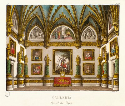 Utsikt över galleriet dekorerad av målningar Scenografi för operan "" I due figaro""" av den italienska kompositören Giuseppe Saverio Raffaele Mercadante (1795-1870), efter stycket "" De två figaronerna eller komedin" (1794) ) av Honore Francois Richaud av Alessandro Sanquirico