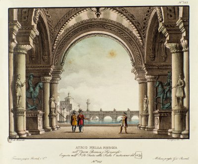 Utsikt över det kungliga slottets hall Scenografi för representationen 1829 av operan "Bianca e Fernando" av Vincenzo Bellini (1826). Litografi i "" Samling av natursköna uppfinningar från 1830 av Alessandro Sanquirico (1777-1849) ". Privat Milanese av Alessandro Sanquirico
