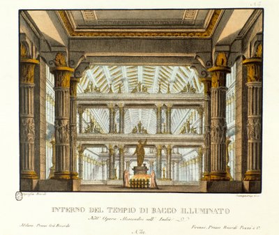 Vy över det inre av Bacchus tempel belyser Scenografi för representation av operan "Alessandro nell