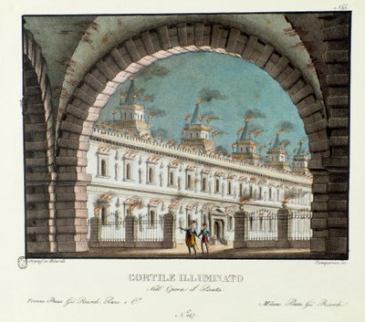 Utsikt över den stora upplysta innergården Scenografi för representationen av operan Il pirata (Piraten) (1827) av Vincenzo Bellini. Litografi i "" Samling av natursköna uppfinningar från 1830 av Alessandro Sanquirico (1777-1849) ". Milanesisk privat c av Alessandro Sanquirico