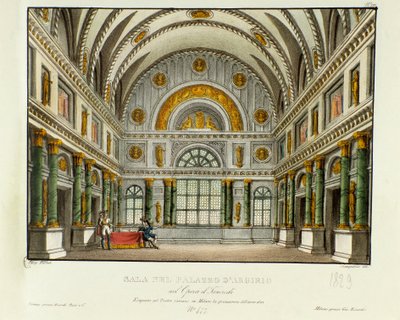 Utsikt över kungen av Syracuse Argirios palats Scenografi för framförandet i Milano 1829 av operan "Tancredi" (eller Tancrede) av Gioacchino Rossini (eller Gioachino) (1813) efter Voltaires stycke "Tancrede". Litografi i "" Raccolta di invenzion av Alessandro Sanquirico