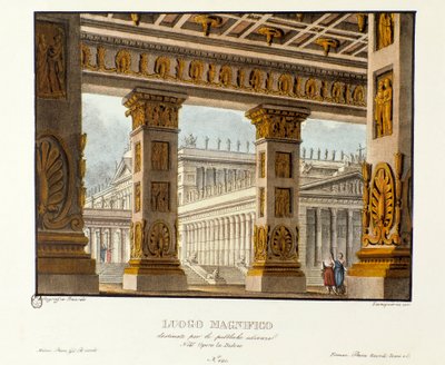 Utsikt över palatset där offentliga utfrågningar äger rum Scenografi för representation av den lyriska tragedin "" Didone"" (Didon) (1783) av kompositören Niccolo Vito Piccinni (eller Piccini) efter operan Metastasio (Metastase). Litografi i "" Raccolta av Alessandro Sanquirico