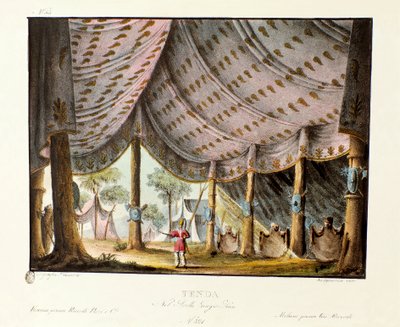 Utsikt över Djingis Khans kungliga tält Scenografi för baletten "" Genis-Kan "av den italienske koreografen Giovanni Galzerani (1780-1865) (1828). Litografi i "" Samling av natursköna uppfinningar från 1830 av Alessandro Sanquirico (1777-1849) ". Milanese  av Alessandro Sanquirico