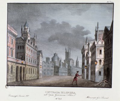Utsikt över Londons förorter Scenografi för representation av operan "Giovanna Shore" (Jeanne Shore) av Carlo Ponti (1829). Litografi i "" Samling av natursköna uppfinningar från 1830 av Alessandro Sanquirico (1777-1849) ". Milanesisk privat samling av Alessandro Sanquirico