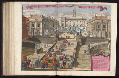 Fånga till Piazza del Campidoglio i Rom Ritning och höjd av det romerska Capitolium modern (...) (titel på objekt) av Alessandro Specchi