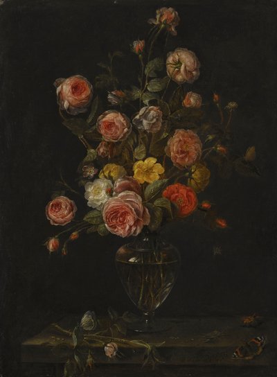 Ett stilleben med röda, vita och rosa rosor i en glasvas över en stenavsats med fjärilar, en gräshoppa och en skalbagge av Alexander Adriaenssen