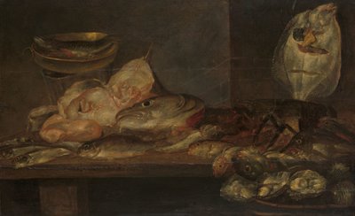 Stilleben med fisk och hummer och ostron på ett bord i närheten av Alexander Adriaenssen