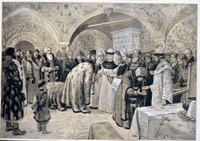 Mottagandet av tsarinan efter påskmatinéerna. Verk av Alexander Andrejevitj Chikin (1865-1924), litografi. rysk konst av Alexander Andreyevich Chikin