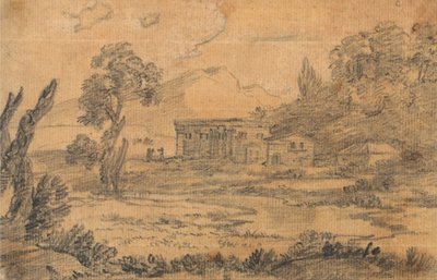 Byggnader vid en flod med kullar i bakgrunden av Alexander Cozens