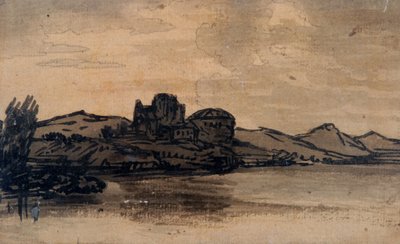 Italienskt landskap med kupolformad byggnad (penna och tvätt på papper) av Alexander Cozens