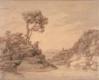 Landskap med figur på stranden av en pool (akvarell, sepia och tvätt) av Alexander Cozens