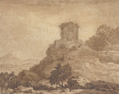 Landskap med ett ruinerat tempel, ca 1756 (grafit och tvätt på papper) av Alexander Cozens