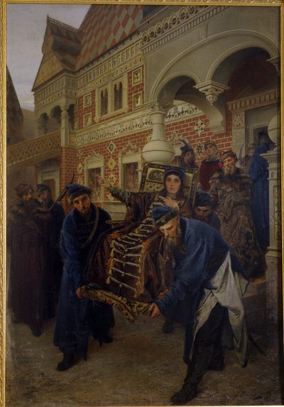Boyarin Morozova. (Boyarynya Morozova). Feodosia Prokofiyevna Morozova (1632-1675), en ivrig anhängare av den gamla troende riten, avlade klosterlöften under namnet Theodora. Hon beskrivs under sitt gripande av anhängare av pat av Alexander Dimitrievitch Litovtchenko