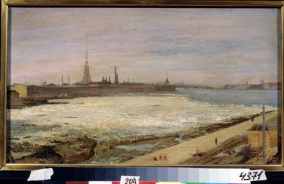 Isdrift på floden Neva i Sankt Petersburg (Isdrift i St Petersburg). I bakgrunden katedralen Sankt Peter och Paulus och fästningen. Målning av Alexander Dmitrievich Litovchenko (Litovchenko) (1835-1890), olja på duk av Alexander Dimitrievitch Litovtchenko