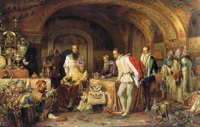 Ivan IV av Ryssland visar sina skatter för ambassadören för drottning Elizabeth I av England, 1875 av Alexander Dmitrievich Litovchenko