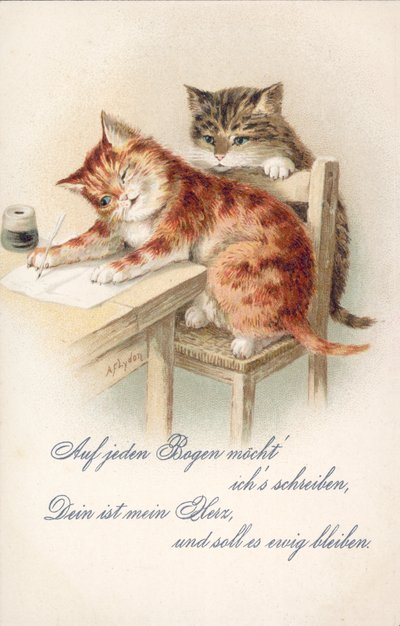 Humoristiskt kattvykort (färglitografi) av Alexander Francis (after) Lydon
