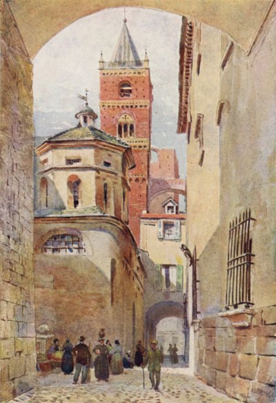 Albenga, katedraltornet och baptisteriet (lito i färg) av Alexander Henry Hallam Murray