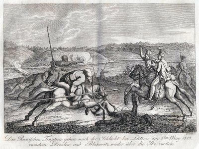 Ryska trupper går efter slaget vid Lutzen tillbaka över Elbe - Sauerweid, Alexander Ivanovich (1783-1844) - 1813 - Etsning - 21x26 - Privat samling av Alexander Ivanovich Sauerweid