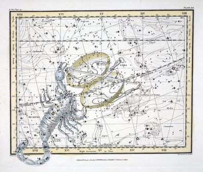 The Constellations (Plate XIX) Libra and Scorpio, från "A Celestial Atlas" av Alexander Jamieson, pub. London 1822 (handfärgad gravyr) av Alexander Jamieson