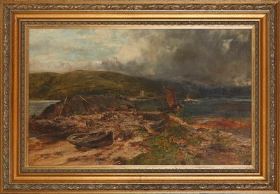 Campingplatsen (olja på duk ombord) av Alexander Jnr. Fraser