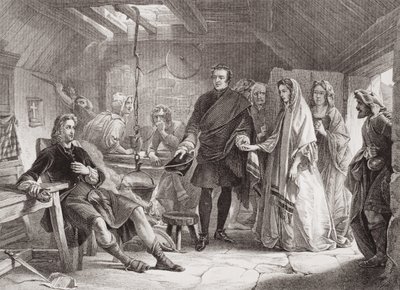 Prins Charles och Flora Macdonalds första möte på ön South Uist, 1747, från "Illustrationer av engelsk och skotsk historia" volym II av Alexander Johnston