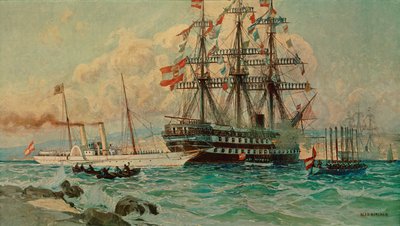Den österrikiska yachten Fantasie och linjeskeppet Kaiser ... (målning på duk) av Alexander Kirchner