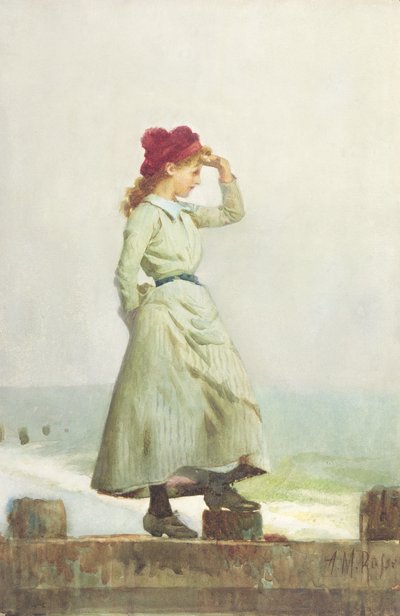 Ung flicka på havsväggen (akvarell på papper) av Alexander M. Rossi