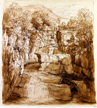 The Bracklinn Falls, Perthshire, ca 1810 (penna och brunt bläck med tvätt på papper) av Alexander Nasmyth