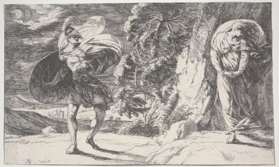 Fingal Encounters Carbon Carglass, först tryckt c.1773 (etsning) av Alexander Runciman