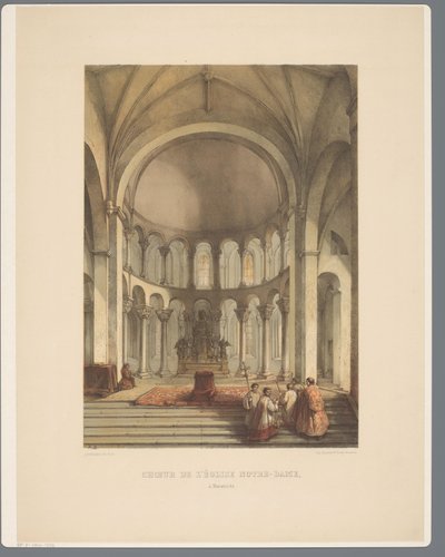Interiör från Onze-Lieve-Vrouwe-Basiliek te Maastricht Notre-Dame-kyrkans kör i Maestricht (titel på objekt) Forntida arkitekturmonument från det elfte århundradet till det trettonde århundradet i Limburg (serietitel) av Alexander Schaepkens