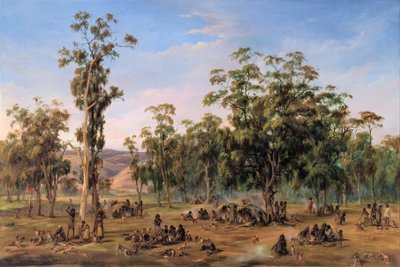 Ett aboriginiskt läger, nära Adelaide-foten av Alexander Schramm