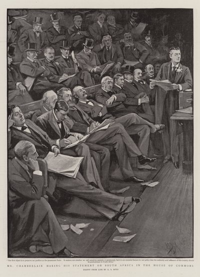 Chamberlain gör sitt uttalande om Sydafrika i underhuset. av Alexander Stuart Boyd