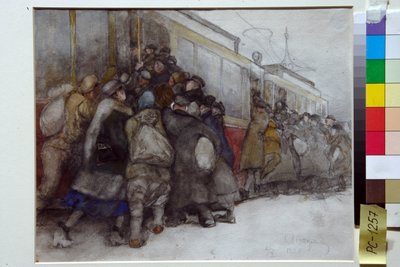 Människor försöker gå ombord på en redan full spårvagn - Konstverk av Alexander Ivanovich Vakhrameyev (1874-1926) av Alexander Vakhrameyev