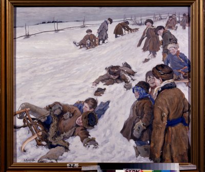 Vintersport (Vintersport). Slädeplats, i ett snöigt fält, varmt klädda barn som har roligt och skrattar högt. Målning av Alexander Viktorovich (Alexander Victor) Moravov (1878-1951), olja på duk av Alexander Viktorovich Moravov