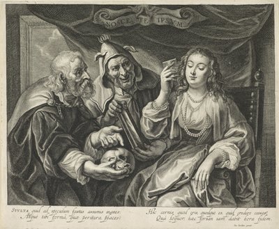 Kvinna med en kam ser i en spegel Nosce te Ipsvm (titel på objekt) av Alexander Voet (II)