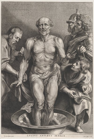 The Death of Seneca, stående i centrum med fötterna i en bassäng med vatten, supporte..., ca. 1655-78. av Alexander Voet
