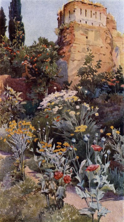I Alhambras trädgårdar (färg litho) av Alexander Wallace Rimington
