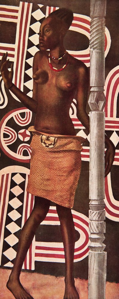 Molende, la Mangbetou, från Drawings and Paintings of Africa, utförd under Citroen Center Africa-expeditionen, andra Haardt Audouin-Dubreuil-uppdraget, pub. Paris, 1927 av Alexander Yakovlev