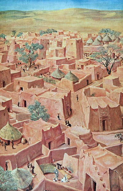 Zinder, från Drawings and Paintings of Africa, avrättad under Citroen Center Africa-expeditionen, andra Haardt Audouin-Dubreuil-uppdraget, pub. Paris, 1927 av Alexander Yakovlev