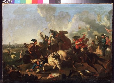 Scen från slaget vid Poltava (eller Pultawa, Ukraina) (Scen från slaget vid Poltava). Slaget som ägde rum den 8 juli 1709 mellan Peter I av Rysslands armé (känd som Le Grand av Alexander von Kotzebue