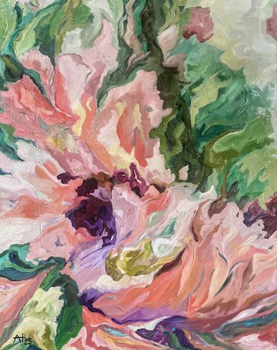 Livfull abstrakt blomstermålning av Alexandra Higgins