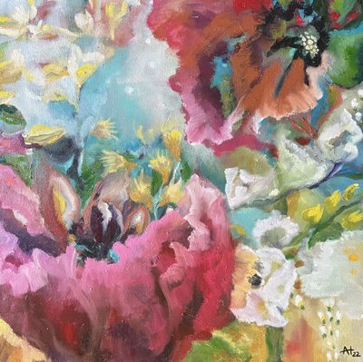 Livfull abstrakt blomstermålning av Alexandra Higgins
