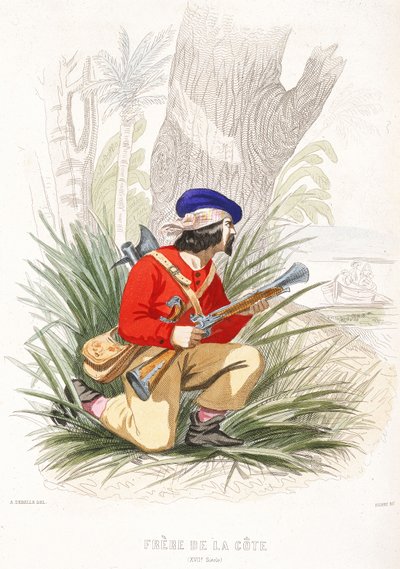 En pirat förbereder sig för bakhåll, mitten av 1800-talet (kolorerad gravyr) av Alexandre (after) Debelle