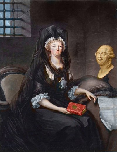 Porträtt av Marie Antoinette (1755-1793) i djup sorg vid templets fängelse (eller "" Marie-Antoinette vid Conciergen, i sorg, med en cameo, hängsmycke som porträtterar Dauphinen, som håller livet av Mary, Queen of Scots , en byst av Luis XVI och Te av Alexandre (after) Kucharski