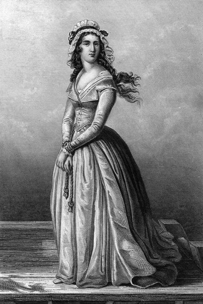 Charlotte Corday (1768-1793) Girondist vid tiden för franska revolutionen, hon mördade Jean Paul Marat den 13 juli av Alexandre (after) Lacauchie