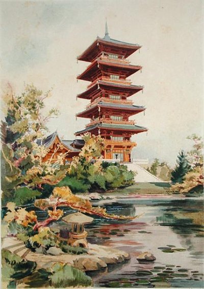 Japanska tornet i den kungliga parken i Laeken, Belgien, från Orientalisme et Architecture Contemporaine, graverad av Jules Adolphe Chauvet (f.1828) (se även 171915, 172965, 172990) av Alexandre Auguste Louis Marcel