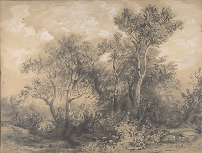 Trees recto, Soldiers in a Wood verso, tidigt till mitten av 1800-talet. av Alexandre Calame