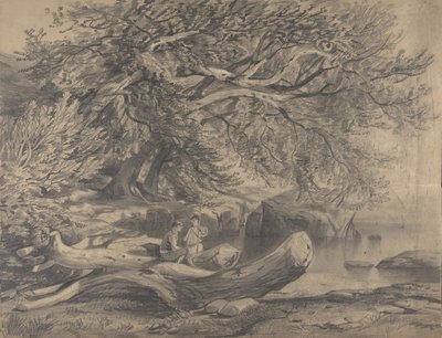 Två män vilar vid en sjö recto..., tidigt till mitten av 1800-talet. av Alexandre Calame