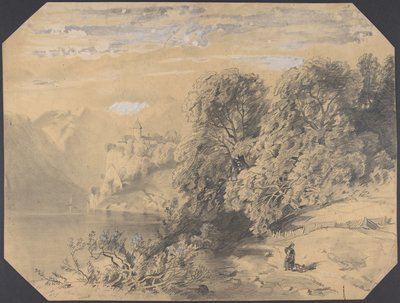 Kvinna med en hund vid en bergssjö av Alexandre Calame