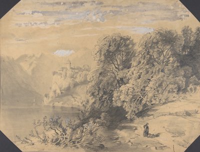 Kvinna med hund vid en fjällsjö, tidigt till mitten av 1800-talet. av Alexandre Calame